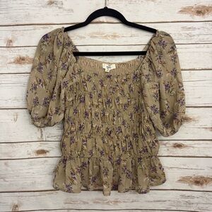 Entro Brown Floral Smocked Puff Short Sleeve Blouse